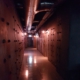 En mørk kjellerkorridor i industristil med mange dører